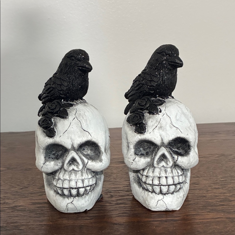 NWT- Set of 2- Gorgeous Black Glittered Raven 🐦‍⬛ A top a White Concrete Skull